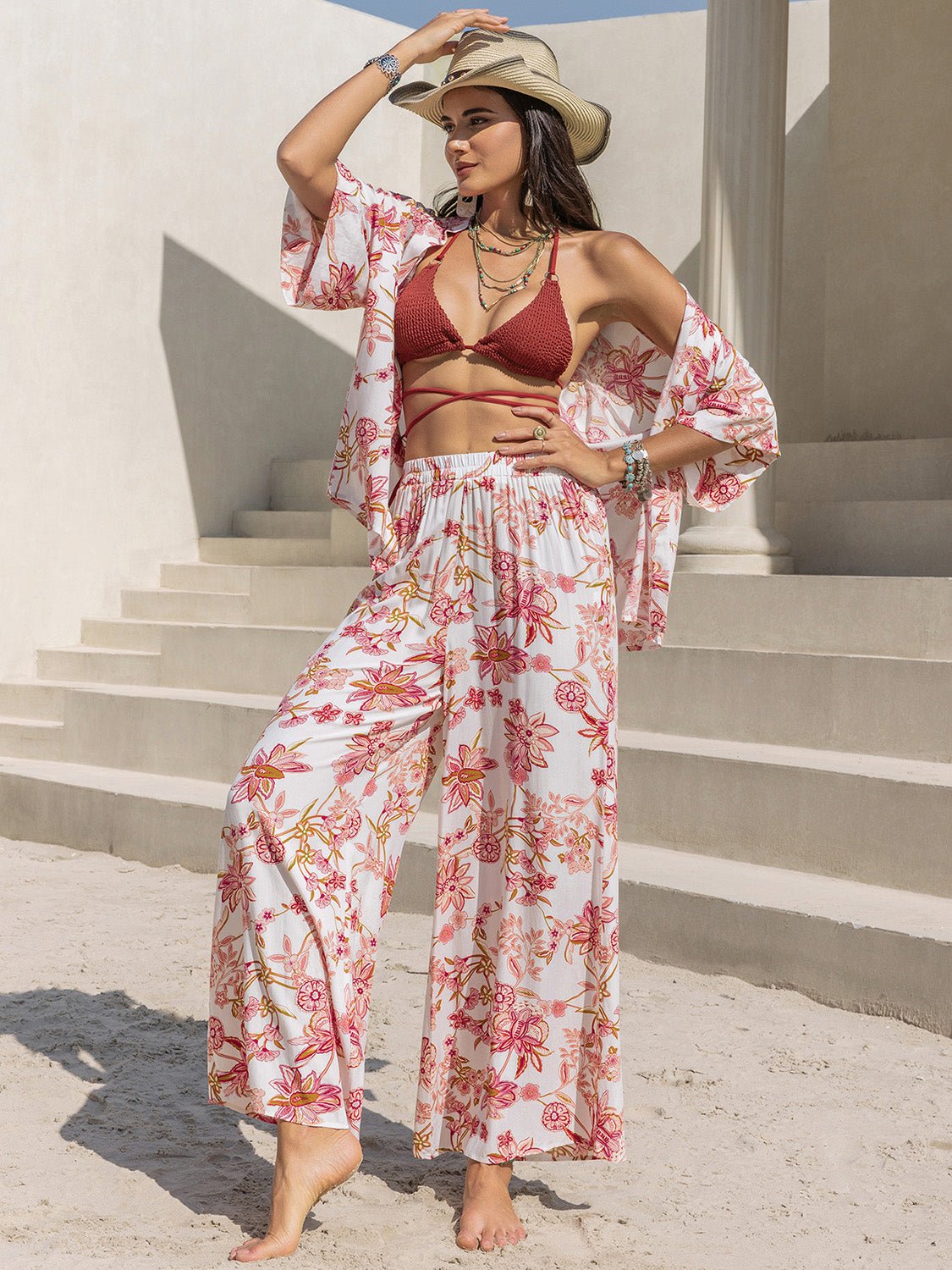 Beach Rose Co.Floral Print Open Front Top and Pants Set in Blush Pink