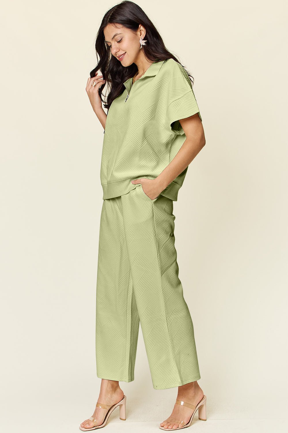 Double TakeTextured Half Zip Short Sleeve Top and Pants Set