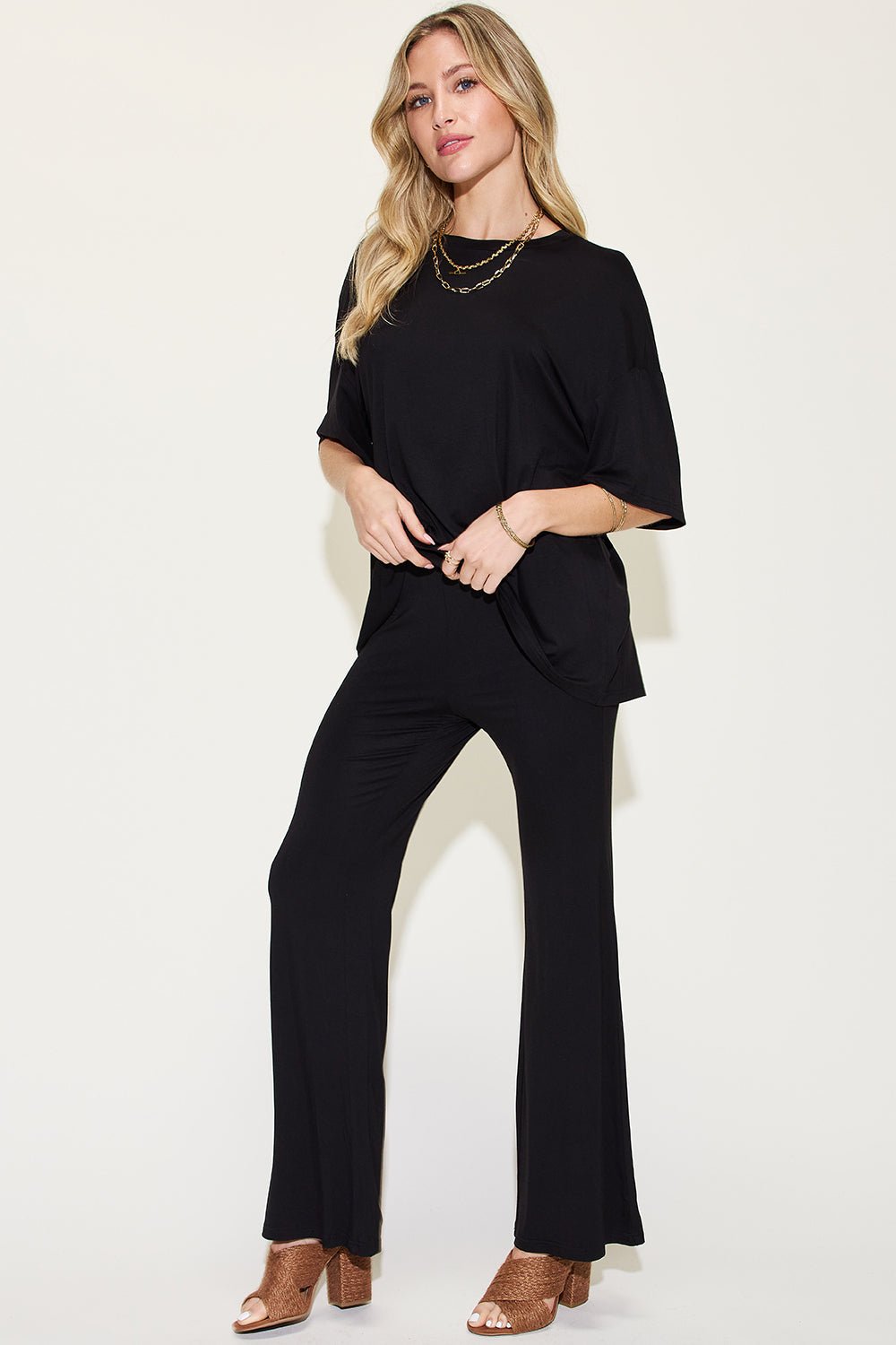 Basic BaeDrop Shoulder T - Shirt and Flare Pants Set