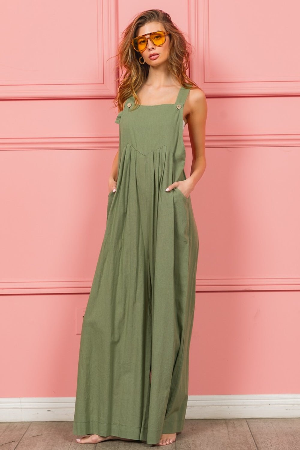 BiBiCotton & Linen Wide Leg Overalls in Dust Sage