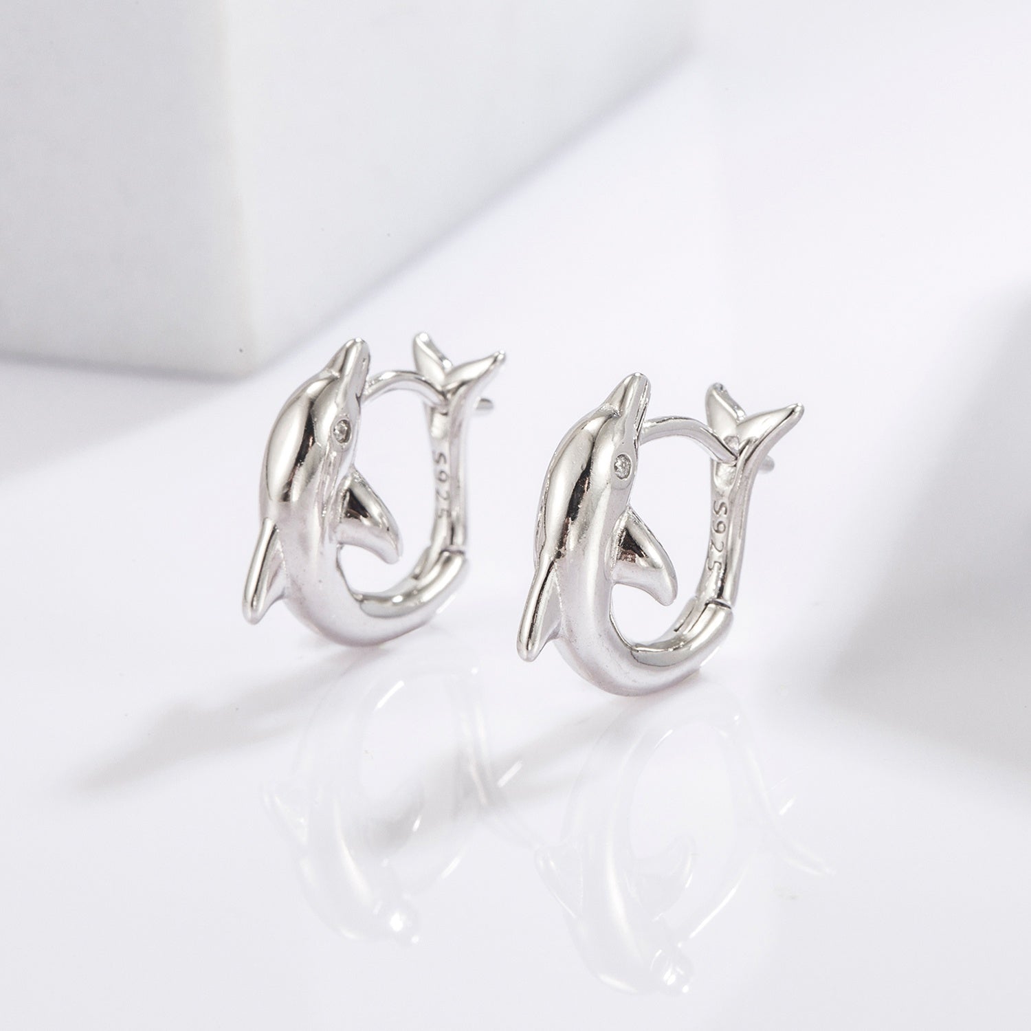 Beach Rose Co.Silver Zircon Dolphin Hoop Earrings