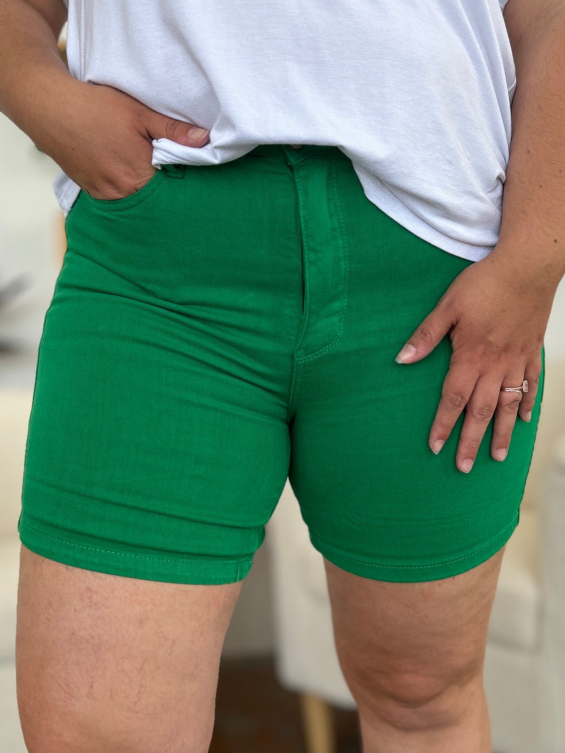 Judy BlueTummy Control Garment Dyed Denim Shorts in Kelly Green