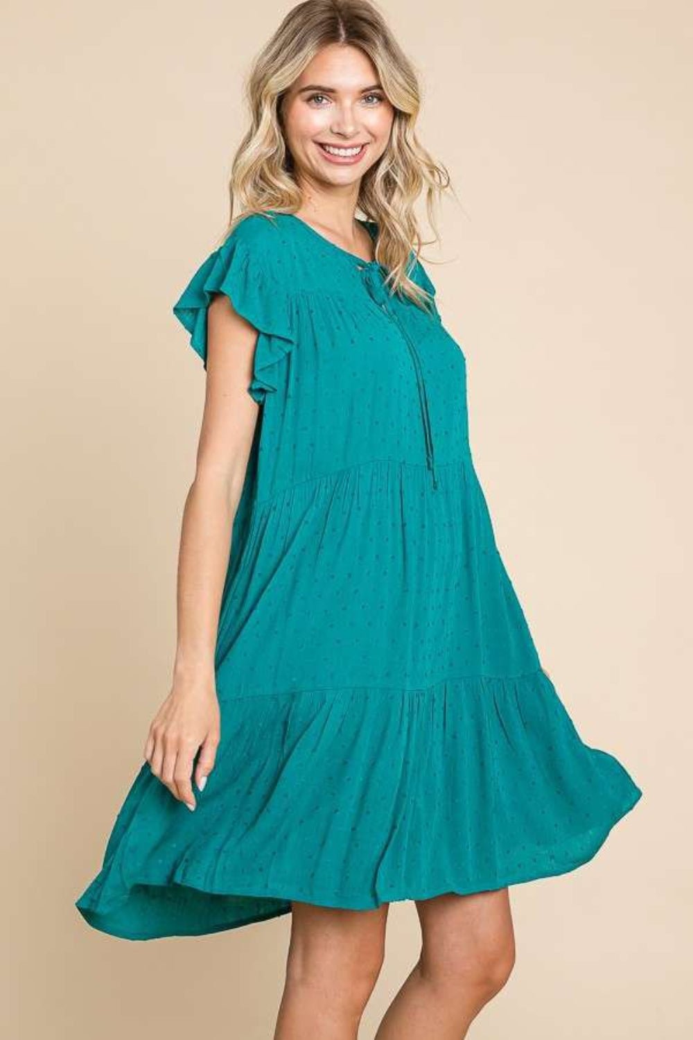 Culture CodeRuffle Cap Sleeve Tiered Mini Dress in Lotus Green