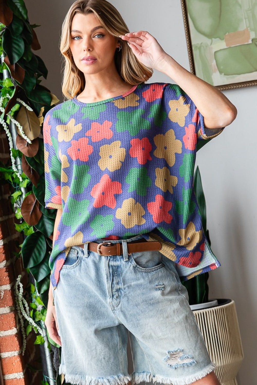 HOPELYFloral Crew Neck Tunic T - Shirt in Navy Green