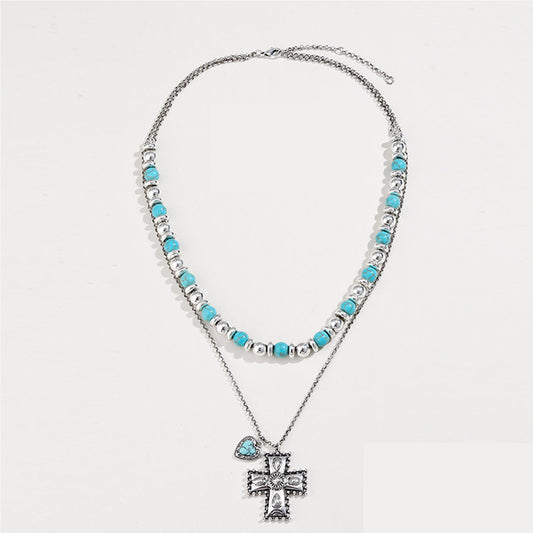 Beach Rose Co.Silver Turquoise Beaded Double Strand Cross Pendant Necklace
