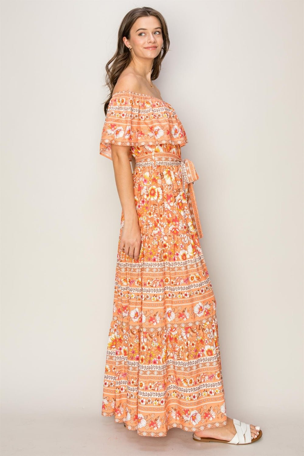 HYFVEFloral Off - Shoulder Maxi Dress in Apricot