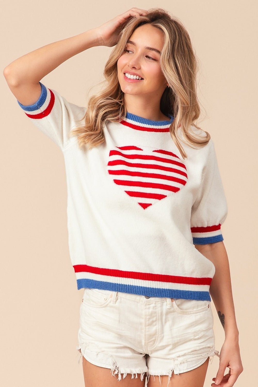 BiBiUS Flag Theme Striped Heart Sweater in Ivory