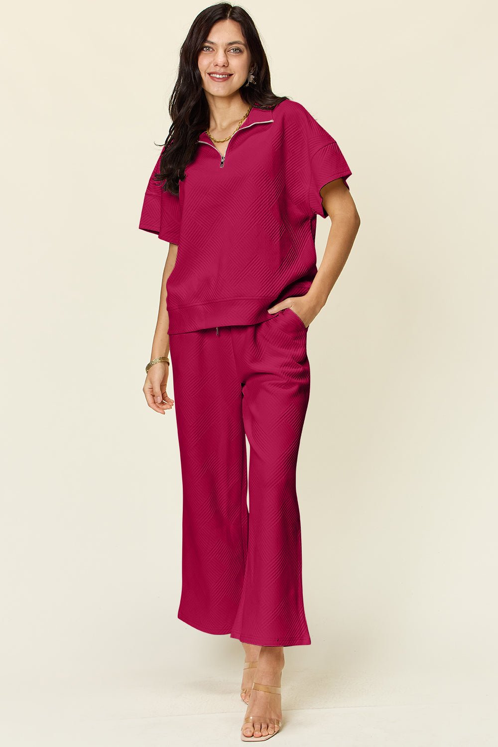 Double TakeTextured Half Zip Short Sleeve Top and Pants Set