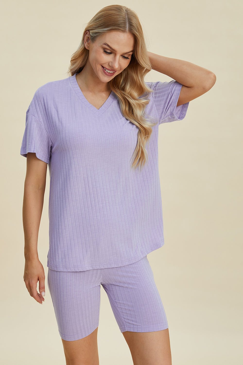 Basic BaeRib Knit V - Neck Short Sleeve Top and Shorts Set