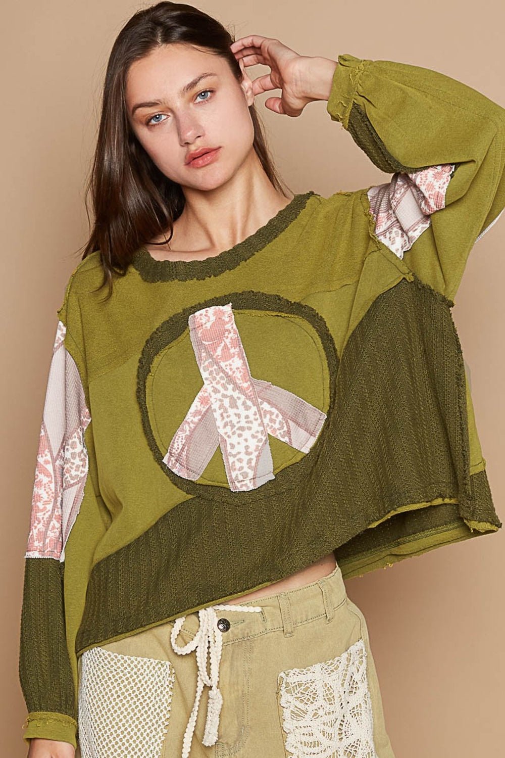 POLLong Sleeve Peace Sign Top in Greenery