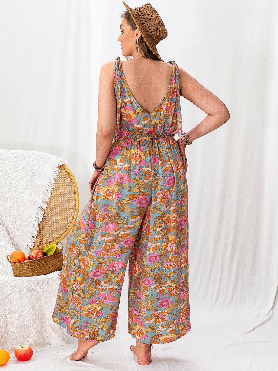 Beach Rose Co.Plus Size Multicolor Printed Wide Leg Sleeveless Jumpsuit