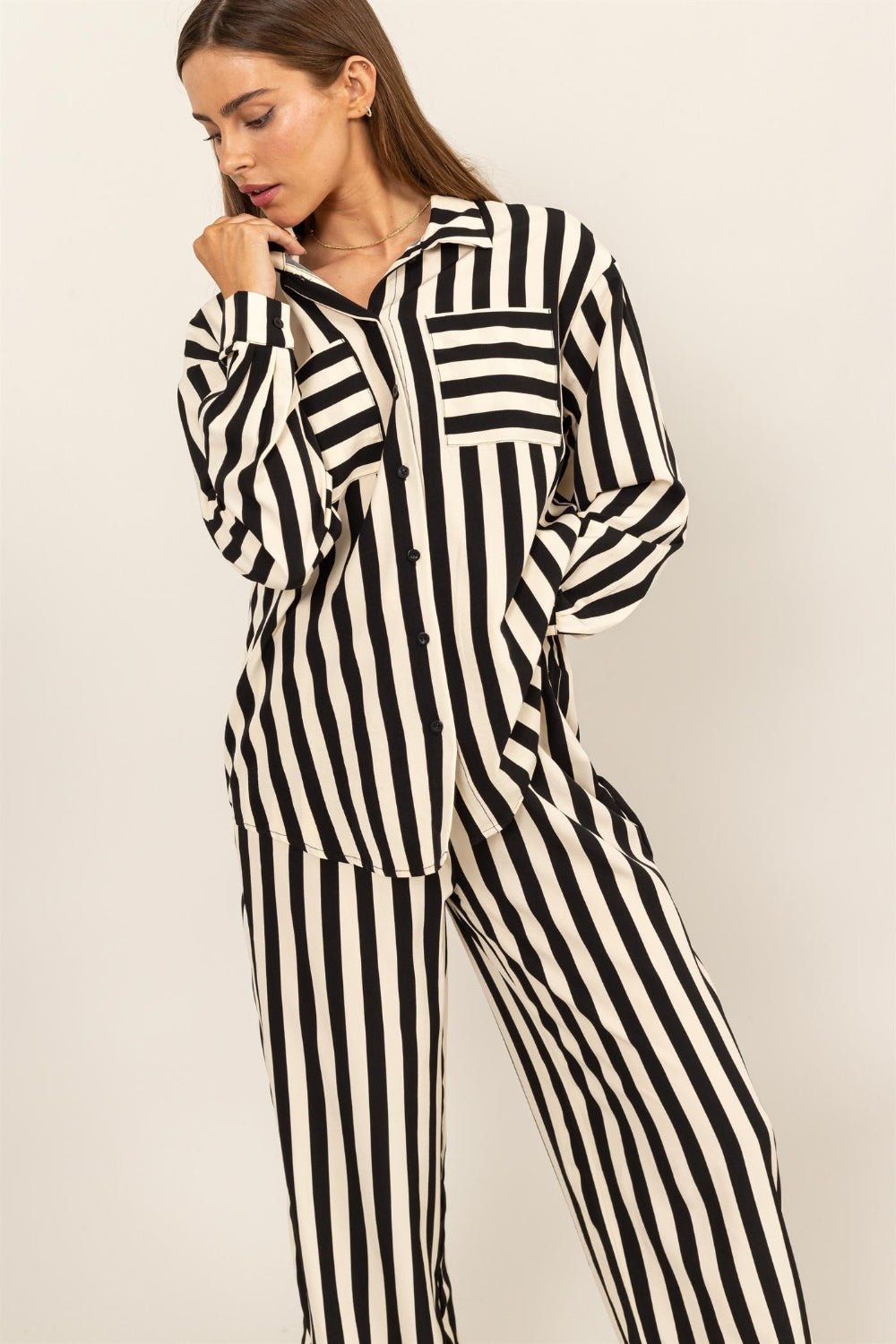 HYFVEBlack & Ivory Striped Button Up Shirt and Pants Set