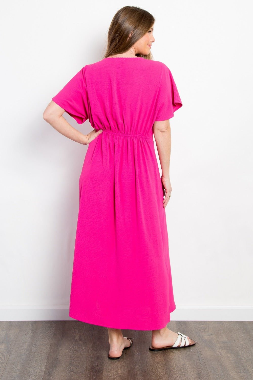 BE StageSmocked Waist Short Sleeve Maxi Dress in Fuchsia