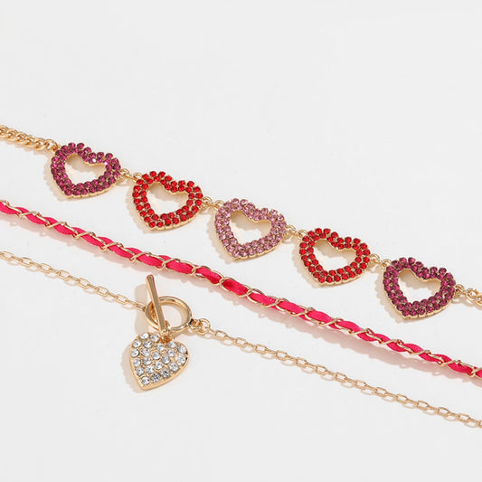 Beach Rose Co.Gold Heart Shape Rhinestone Triple Strand Necklace