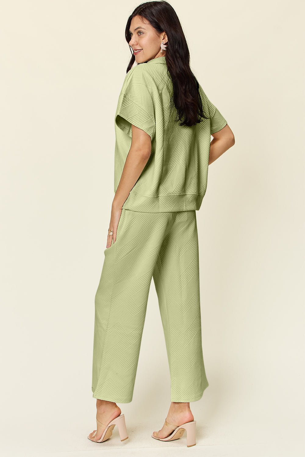 Double TakeTextured Half Zip Short Sleeve Top and Pants Set