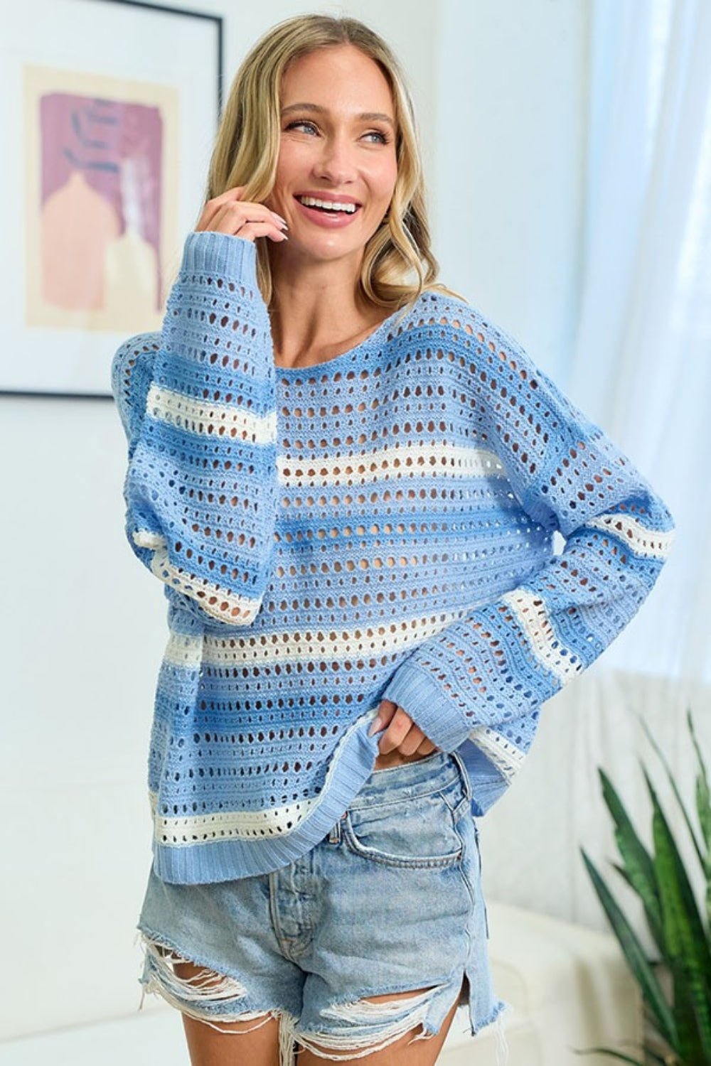 First LoveStriped Long Sleeve Openwork Knit Top in Blue