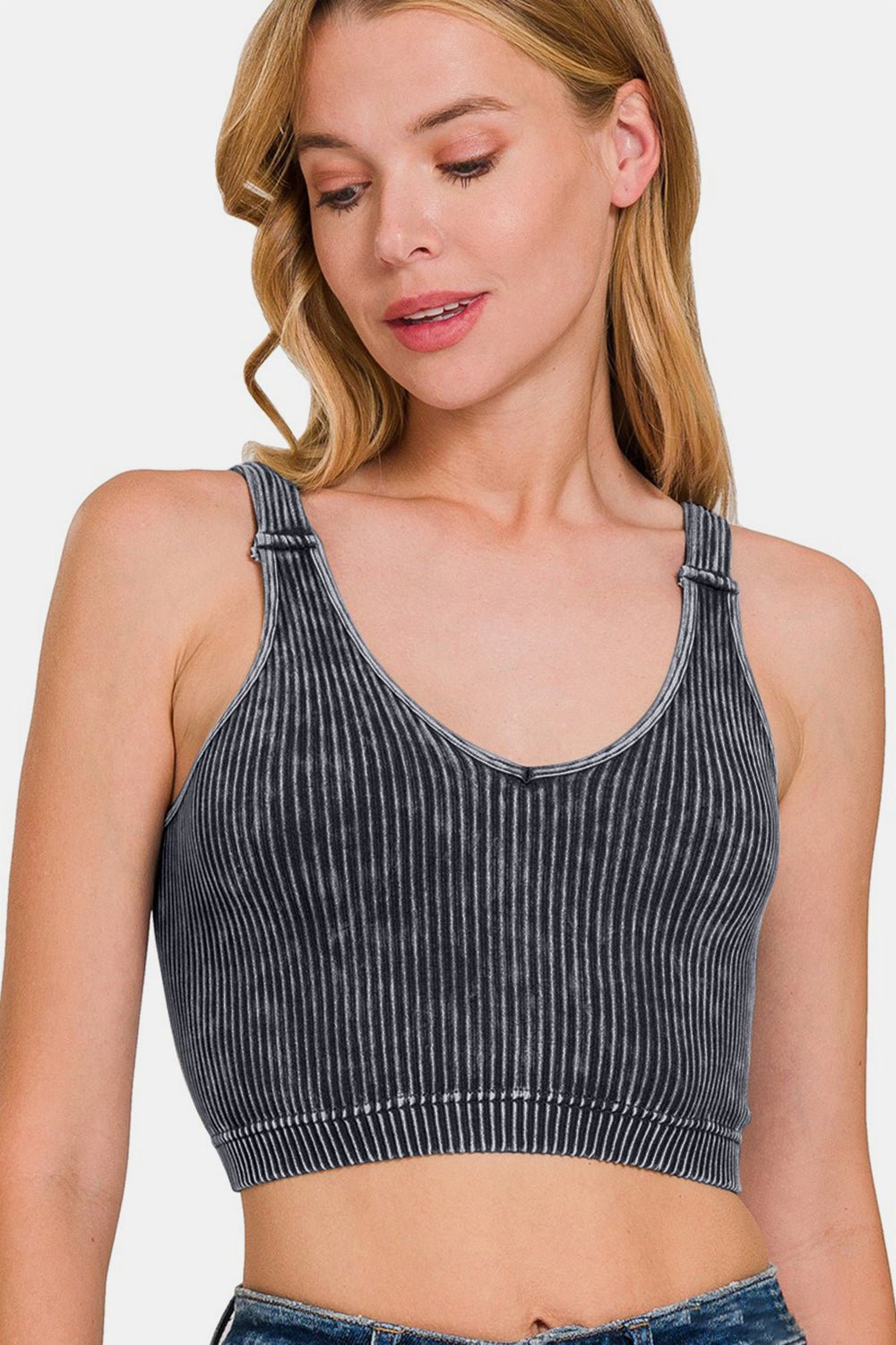 ZenanaWashed Rib Knit Cropped V - Neck Tank in Ash Black