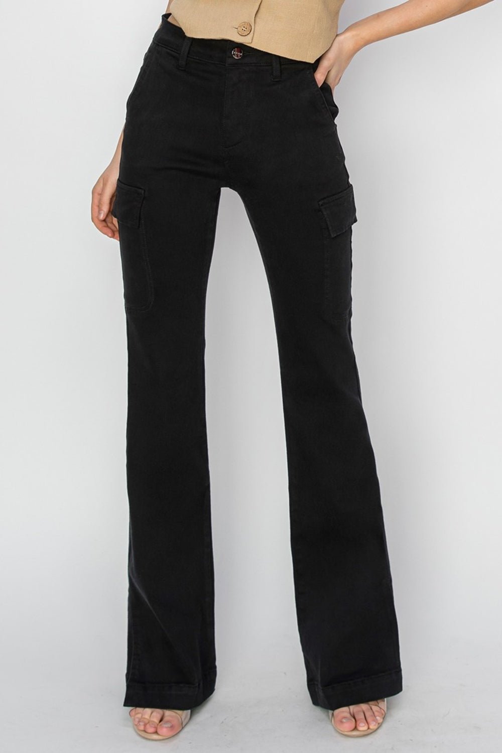 RISENHigh Rise Side Slit Cargo Bootcut Jeans in Black