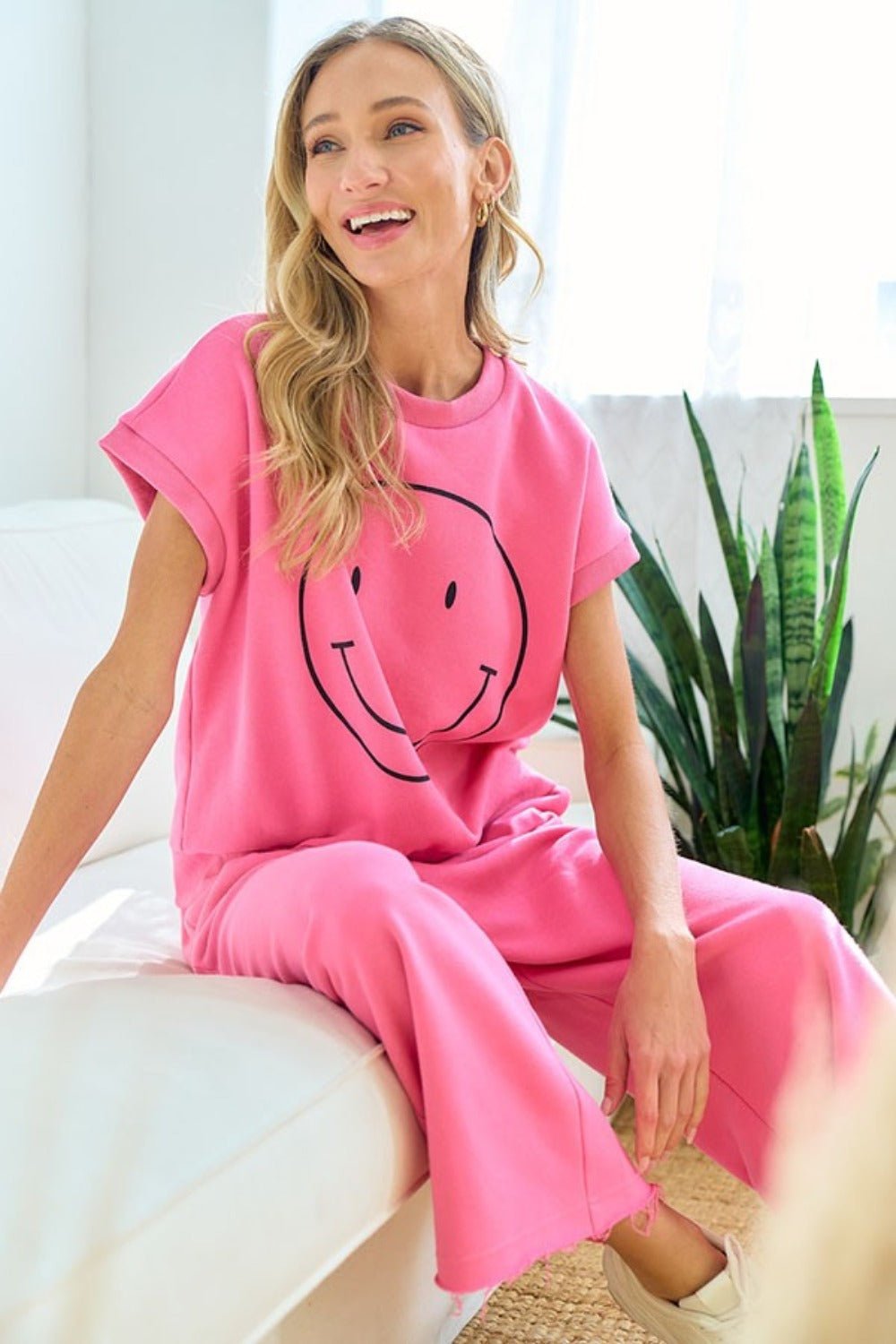 First LoveSmiley Face Drop Shoulder T - Shirt in Pink