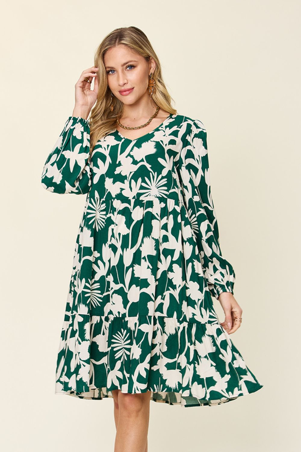 Double TakeFloral Print Ruffle Hem Long Sleeve Knee - Length Dress