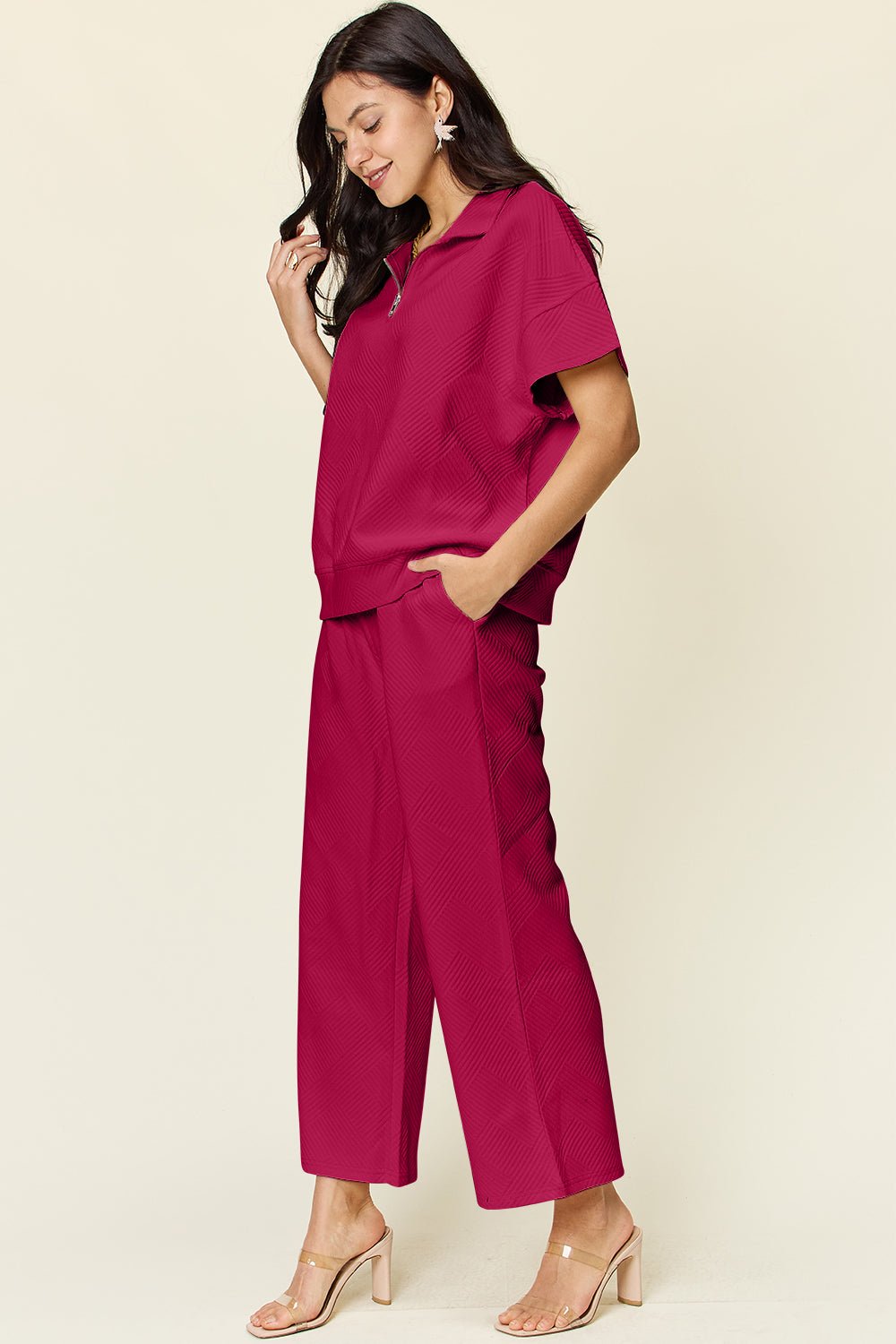 Double TakeTextured Half Zip Short Sleeve Top and Pants Set