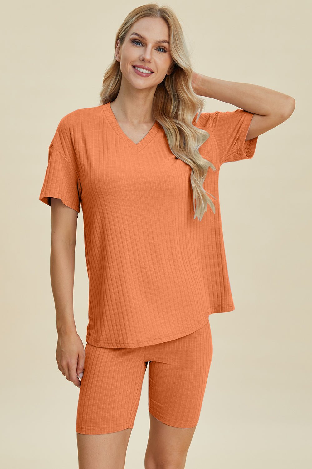 Basic BaeRib Knit V - Neck Short Sleeve Top and Shorts Set