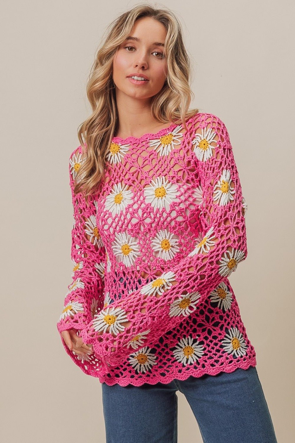 BiBiDaisy Crochet Lace Top in Fuchsia