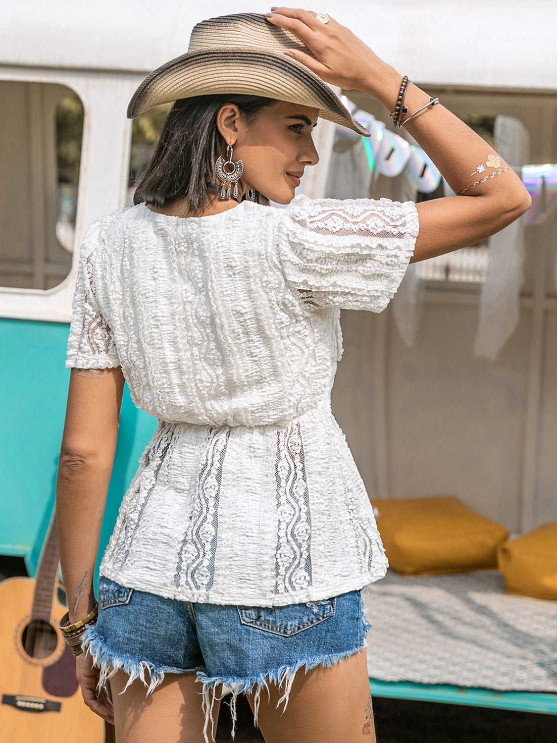 Beach Rose Co.Lace V - Neck Short Sleeve Top in White