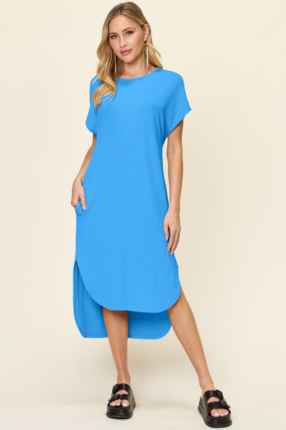 Double TakeCrew Neck Short Sleeve High - Low Midi Dress With Pockets