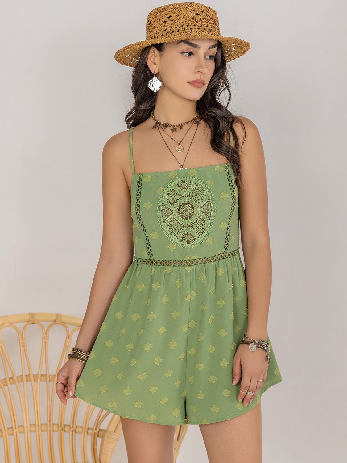 Beach Rose Co.Square Neck Spaghetti Strap Romper in Lime