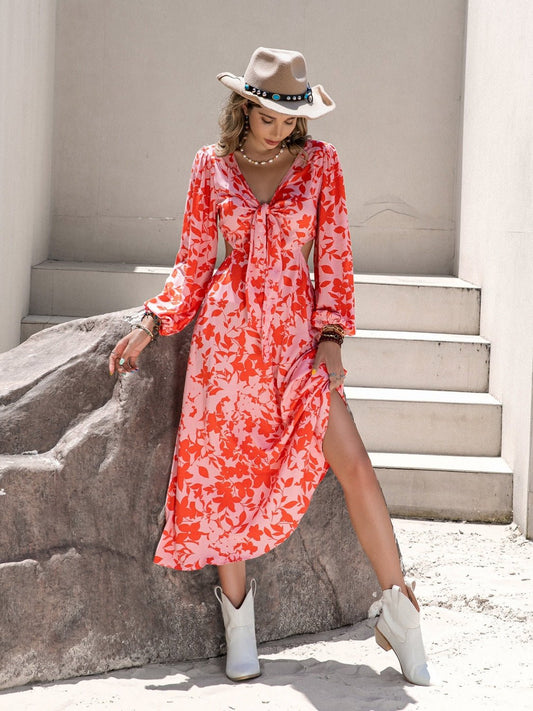 Beach Rose Co.Tied Cutout Floral Print Long Sleeve Midi Dress in Orange