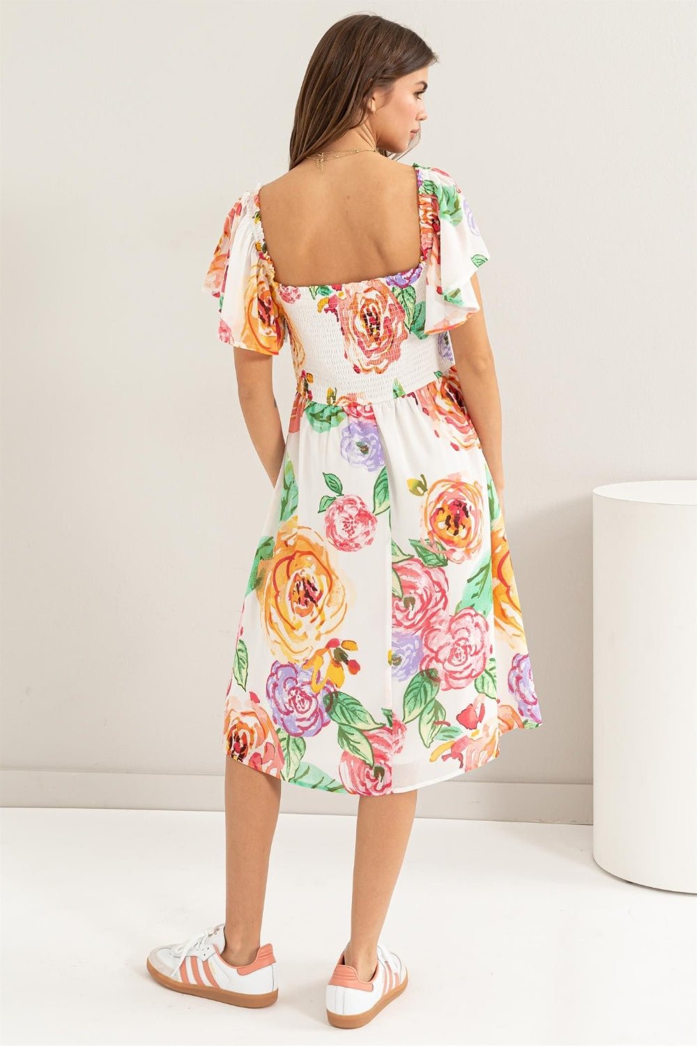 HYFVEMulticolor Floral Flutter Sleeve Smocked Midi Dress