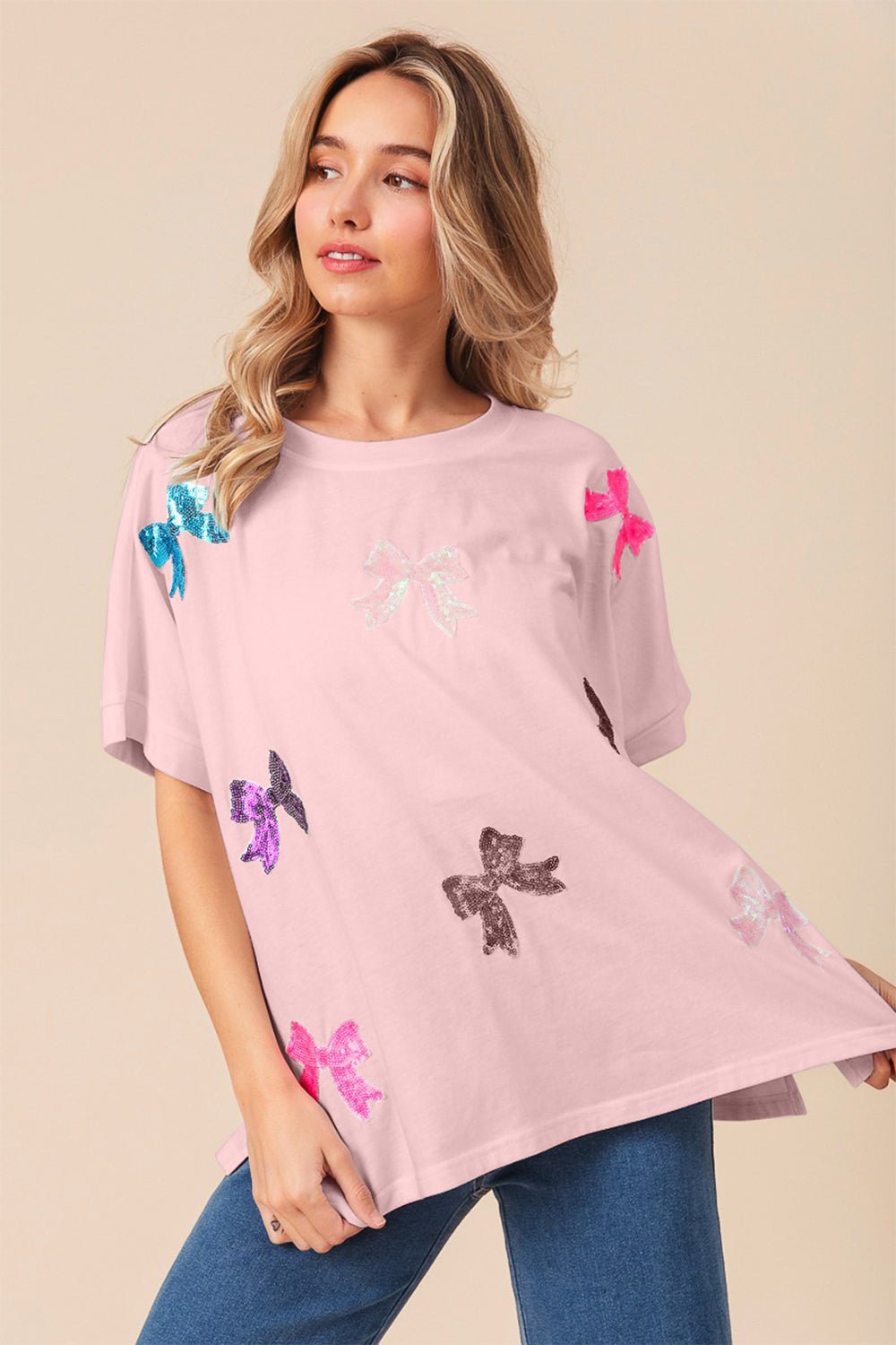 BiBiSequin Bow Patch Short Sleeve T - Shirt in Blush