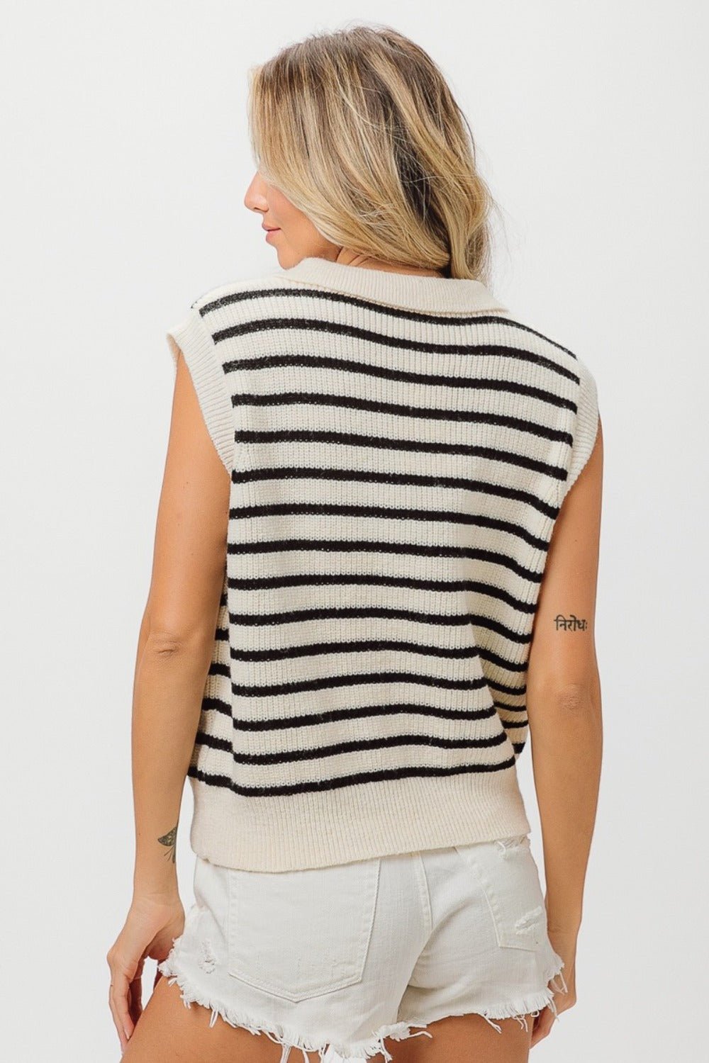 BiBiFlower Patch Half Button Sleeveless Sweater in Ivory Black