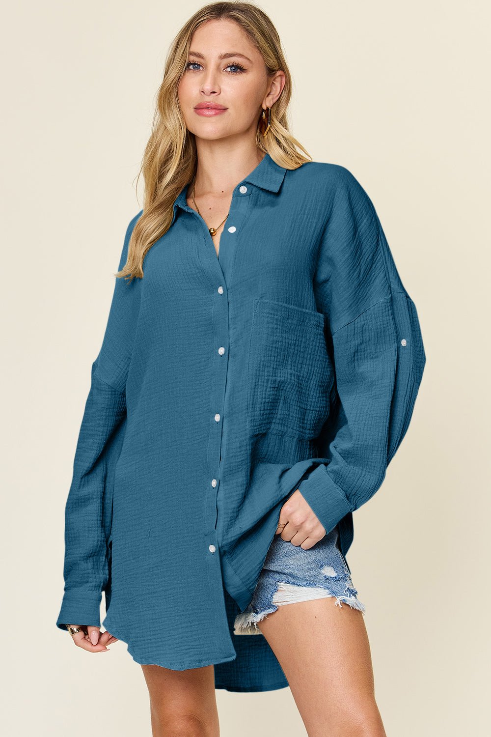 Double TakeTextured Button Up Cotton Shirt