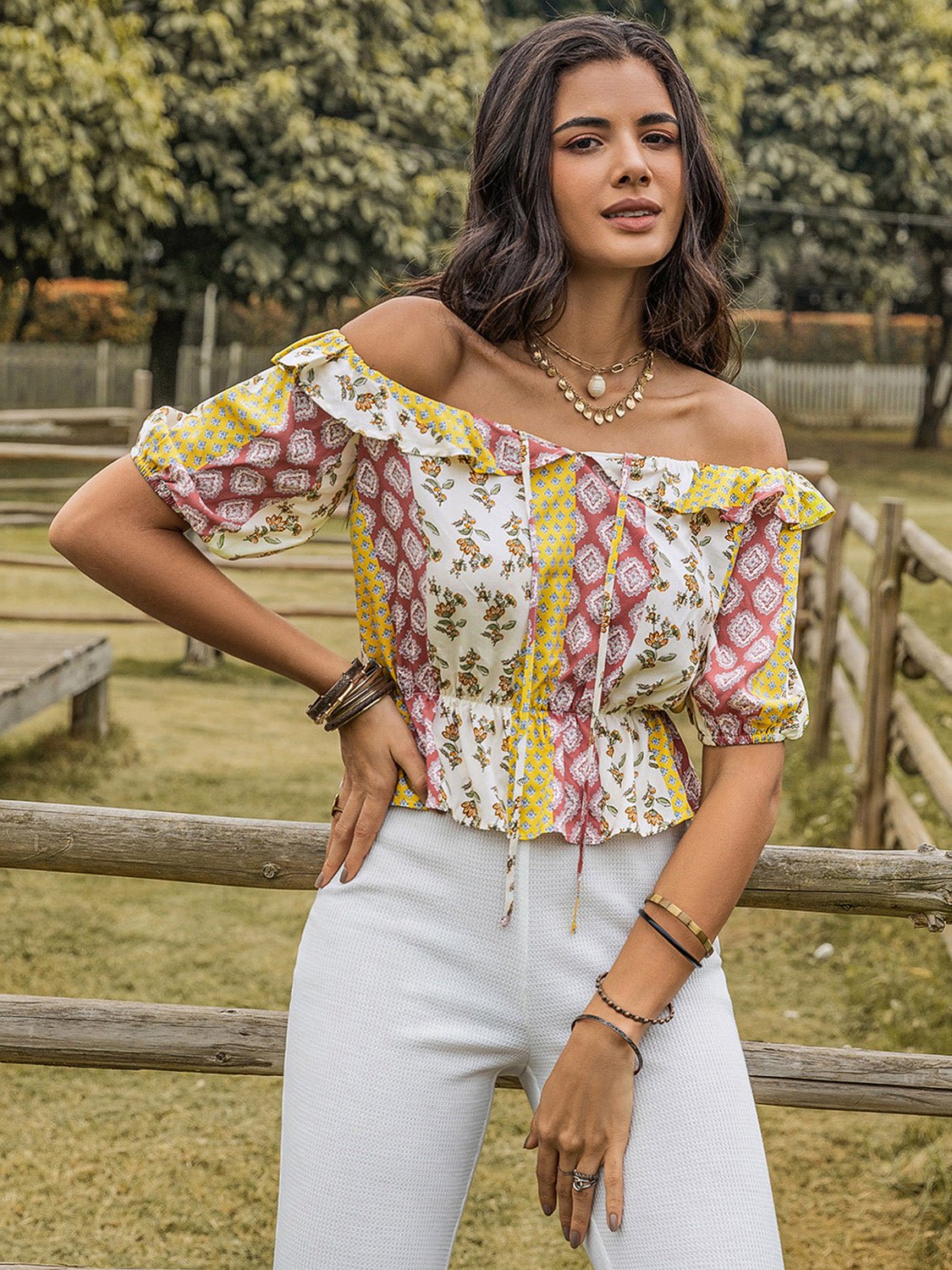 Beach Rose Co.Ruffled Printed Off - Shoulder Short Sleeve Peplum Blouse