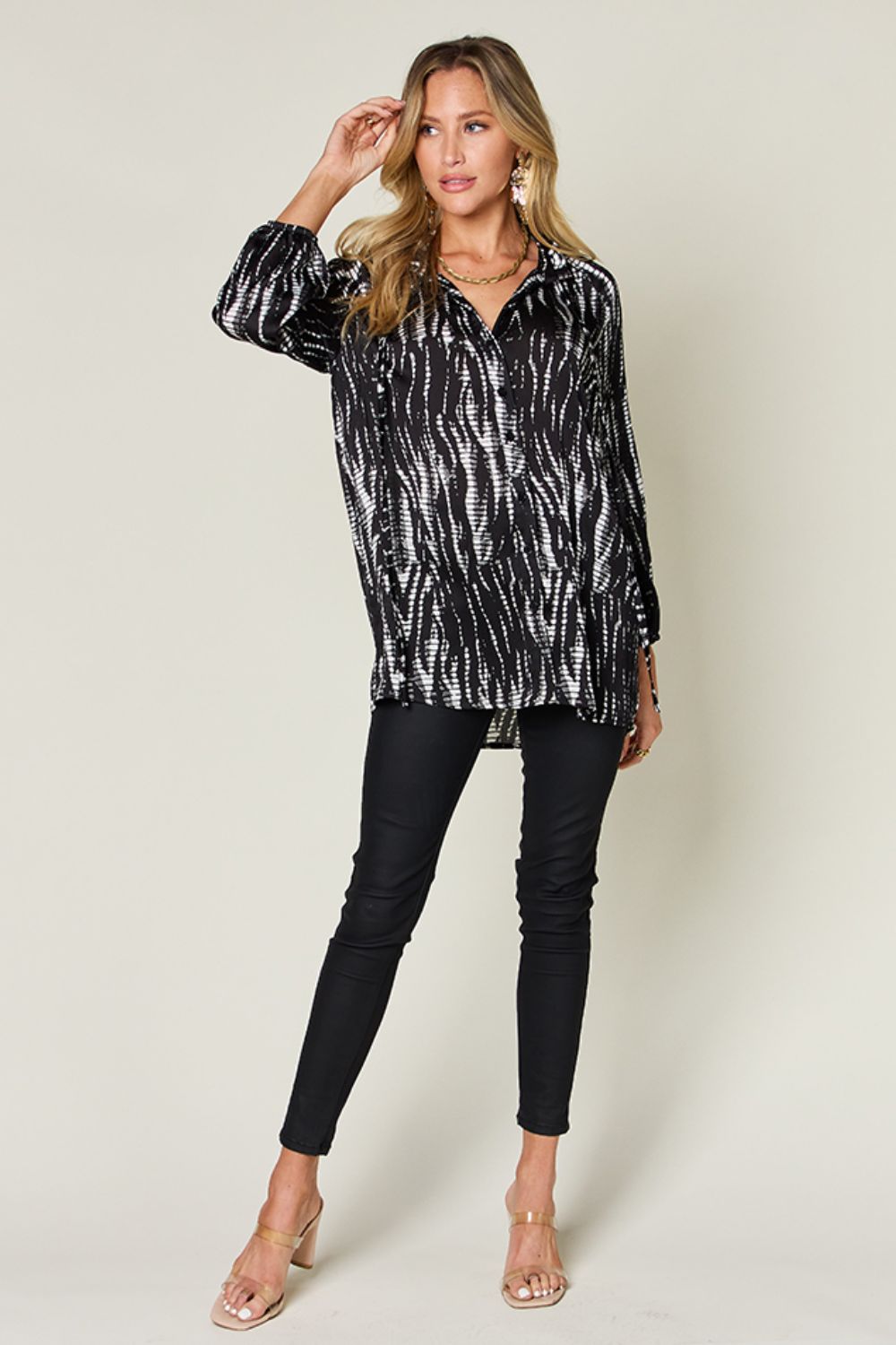 Double TakePrinted Button Up Long Sleeve Shirt