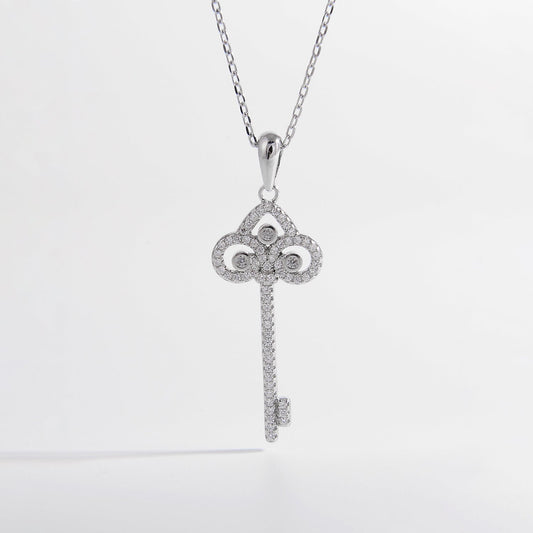 Beach Rose Co.Silver Inlaid Zircon Key Shape Necklace