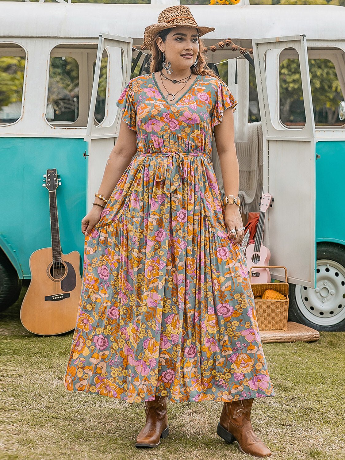 Beach Rose Co.Plus Size Ruffled Sleeve Floral Print Maxi Dress