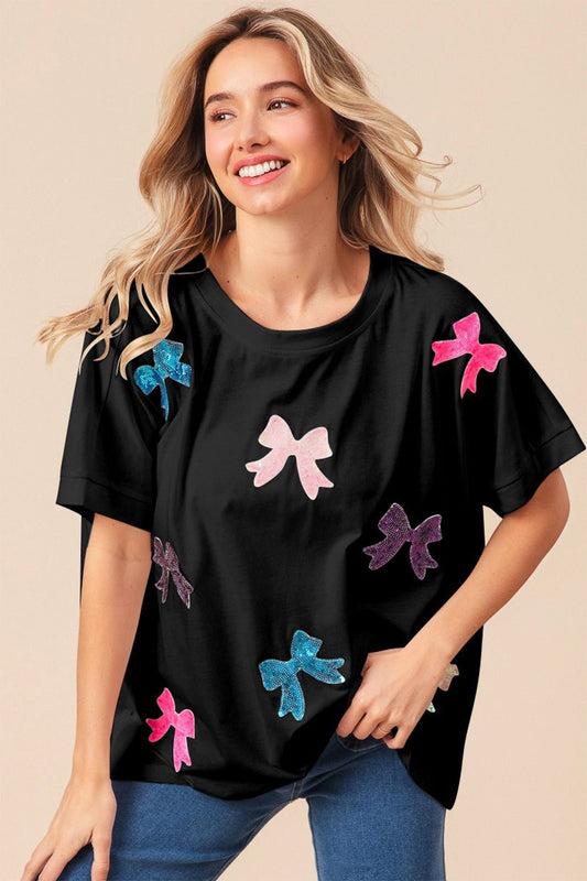 BiBiSequin Bow Patch Short Sleeve T - Shirt in Black