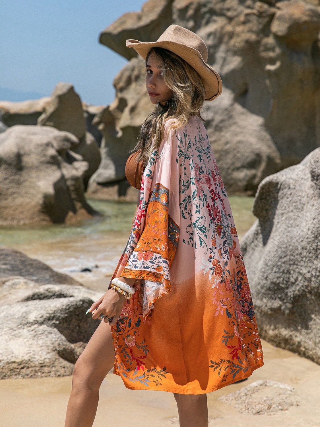 Beach Rose Co.Printed Open Front Long Sleeve Cover - Up in Orange