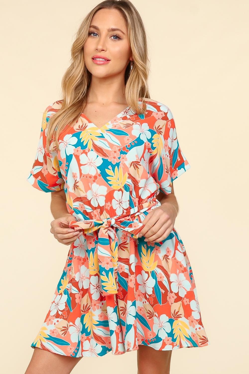 HapticsTropical Floral Short Sleeve Tie Waist Romper