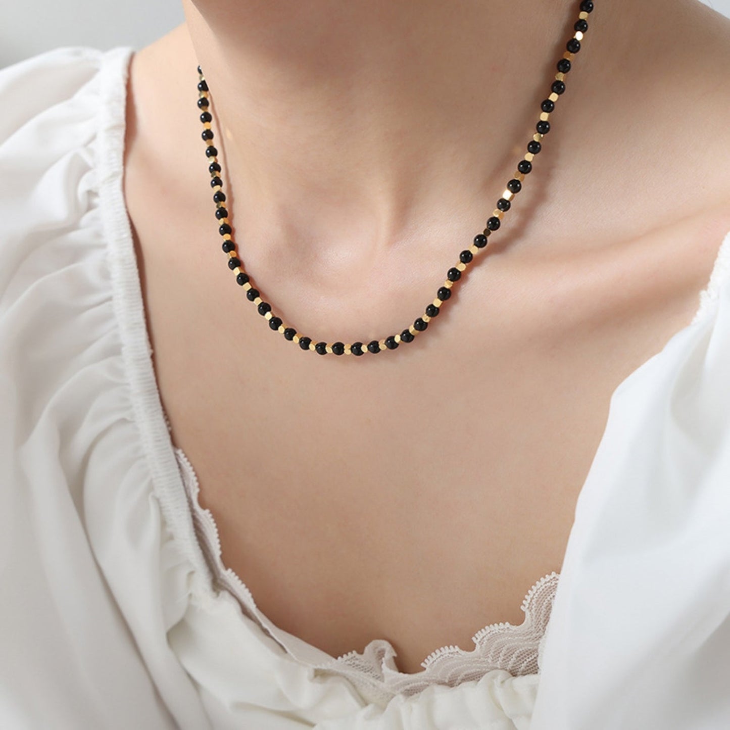 Beach Rose Co.Gold & Black Agate Beaded Necklace