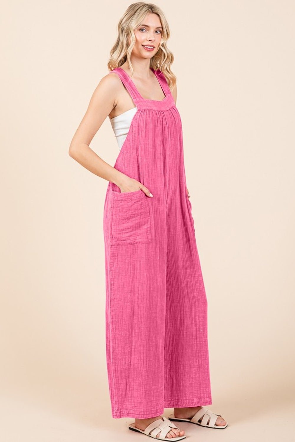 Culture CodeSleeveless Wide Leg Cotton Overalls in Pink Girl