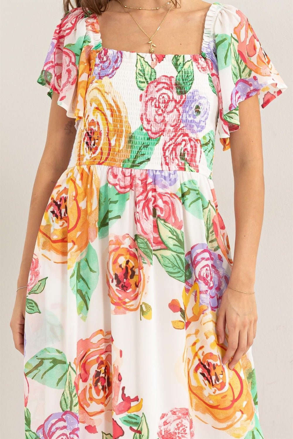 HYFVEMulticolor Floral Flutter Sleeve Smocked Midi Dress