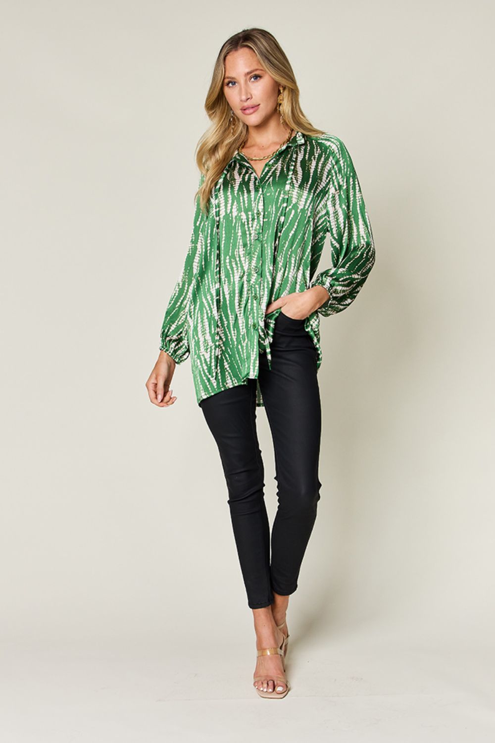 Double TakePrinted Button Up Long Sleeve Shirt