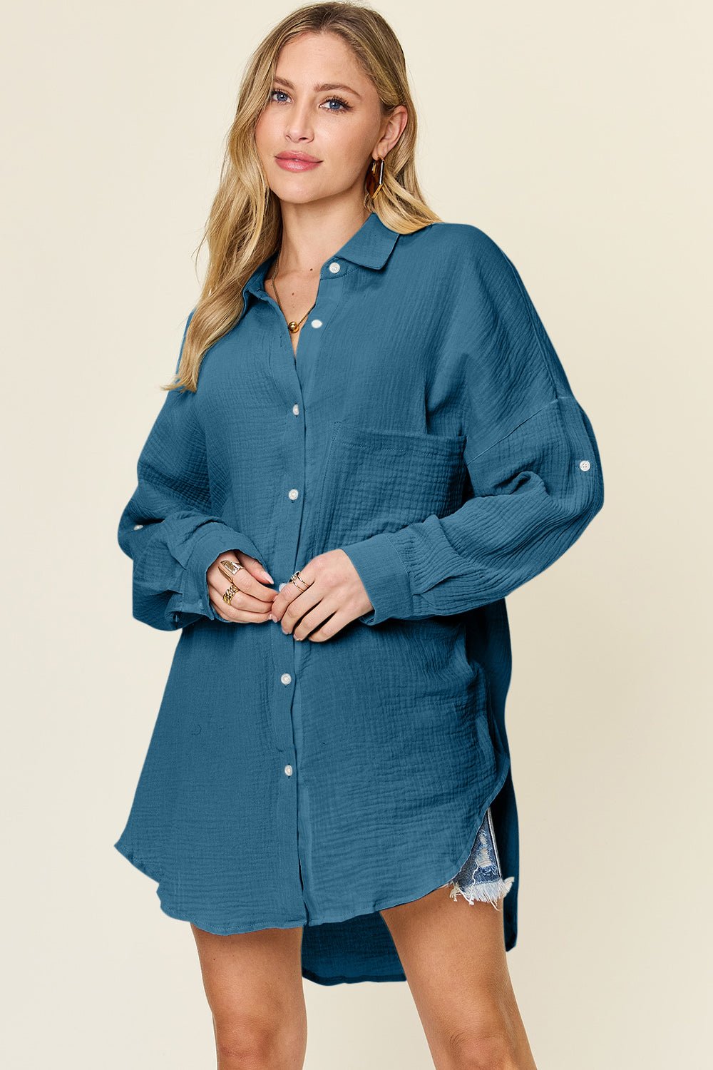 Double TakeTextured Button Up Cotton Shirt