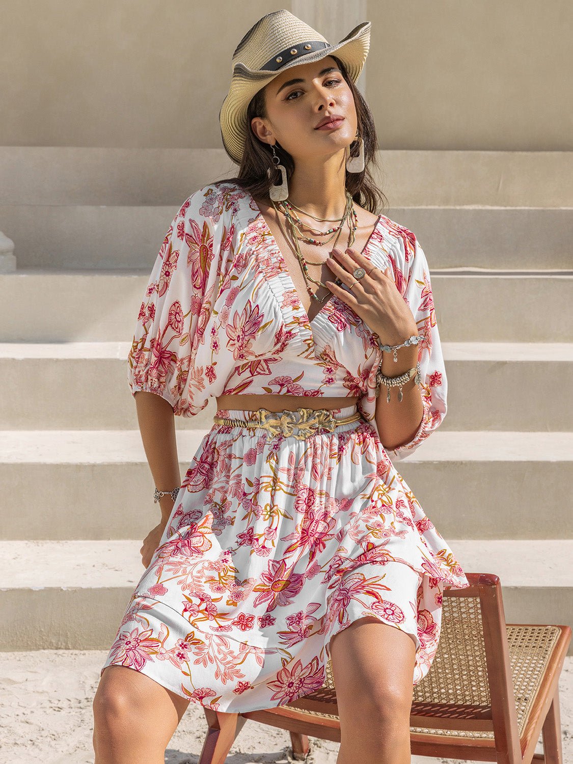 Beach Rose Co.Floral Print Crop Top and Mini Skirt Set in Blush Pink