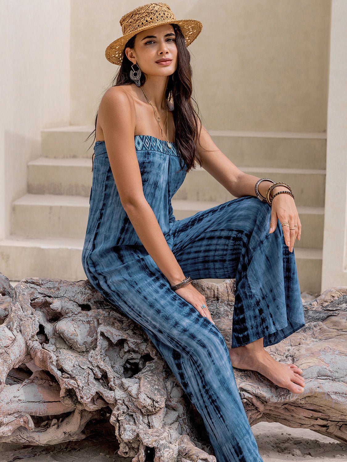 Beach Rose Co.Strapless Tie Dye Wide Leg Jumpsuit in Blue