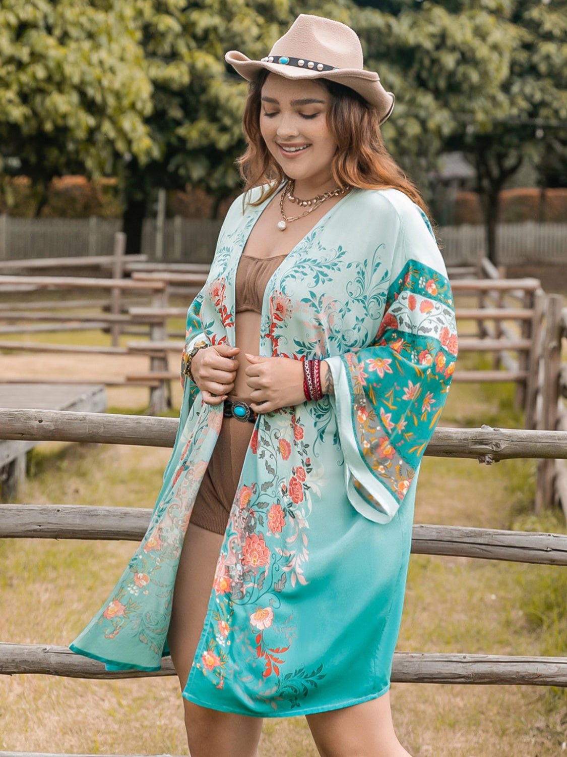 Beach Rose Co.Plus Size Printed Open Front Long Sleeve Cover Up in Turquoise